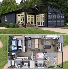 an aerial view of a two story house with garage and living room in the middle