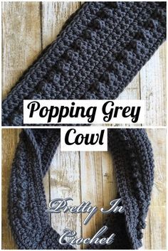 a crocheted scarf is shown with the words popping grey cowl on it