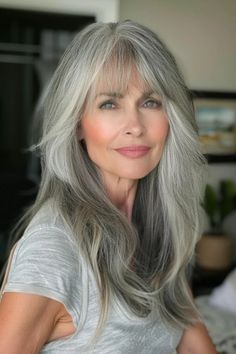 Long Hair Older Women, Grey Hair With Bangs, Silver Haired Beauties, Haircuts For Medium Length Hair, Gorgeous Gray Hair, Grey Hair Inspiration, Layered Haircuts For Medium Hair, Beautiful Gray Hair, Perfect Hairstyle