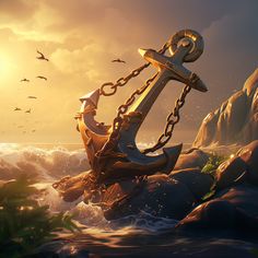 an anchor in the water with birds flying around