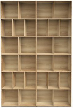 an empty wooden shelf with several compartments