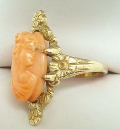 Art Nouveau Oval Genuine Natural Coral Cameo Ring (#2227)