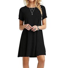 Casual Tshirt Dress Women Summer Plain Loose Short Sleeves Midi Dresses Vestidos - Black - 4583443715 - Women's Clothing, Dresses  #Dresses #Women's #Clothing # #Dresses Loose Mini Dress, Causal Dresses, Boho Beach Dress, Long Tunic Tops, Simple T Shirt, Short Summer Dresses, Solid Color Dress, Maxi Robes, Summer Party Dress