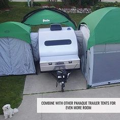 two tents are set up on the sidewalk with a dog standing next to them in front of them