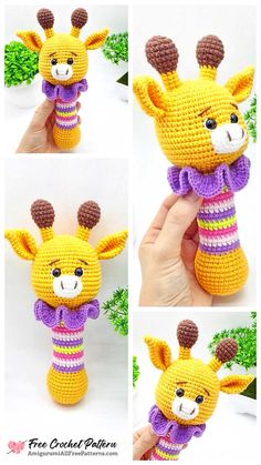 a crocheted giraffe is shown in four different pictures