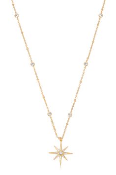 Materials18k Gold Plated, Brass, Cubic Zirconia Length 21.5" with a 5" extender Closure Clasp Starburst Pendant, Starburst Necklace, Starburst Design, Shoes For Leggings, Clear Crystals, Sparkling Crystal, Gold Plated Necklace, Jewelry Branding, Clear Crystal