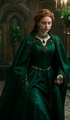 Emerald Green Fairytale Dress, Gold And Green Wedding Dress, Black Dress With Green Jewelry, Emerald Green Victorian Dress, Dark Green Fantasy Dress, Wedding Dresses Emerald, Dark Green Dress Aesthetic, Green Fantasy Outfit, Green Elven Dress