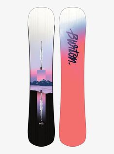 the snowboard is pink, blue and white with an image of mountains on it