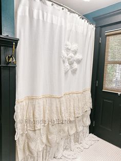 This is my handmade 96" long shabby chic shower curtain using all upcycled and vintage materials so there's beautiful aged imperfections. This is heavy. I'd advise hanging it on a second curtain rod close to the ceiling.  When you purchase this it's a work of art and your excepting the unique beauty of it. Shabby Chic Shower, Shabby Chic Shower Curtain, Chic Shower Curtain, Ruffle Shower Curtains, French Farmhouse Decor, Crochet Ruffle, Battle Ground, Custom Mirrors, Curtains With Rings