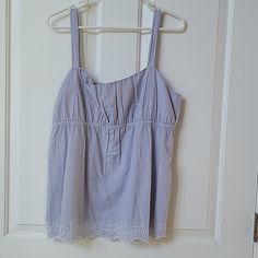 Gap Tank Top With Eyelet Embroidery Around Bottom. Color - Blue/White Striped, 100% Cotton Light Blue Cotton Tops With Lace Trim, Blue Embroidered Tops For Daywear, Gap Light Blue Cotton Tops, Babydoll Tank Top, Women Shirt Top, Eyelet Embroidery, Purple Tank Top, Running Tank Tops, Scoop Neck Tank Top