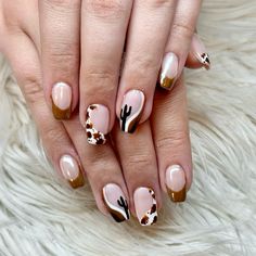 Desert vibe nails! With brown french tip with chrome and swirl with cactus accent nail and of course cow print! So cute!! Western Fall Acrylic Nails, Mail Ideas For September, Horse Themed Nails, Western French Tip Nail Ideas, Fall Nail Inspo Short Simple, Cowgirl Gel Nails, Country Nails Almond Shape, Rodeo Nails Acrylic, Cow Print Western Nails