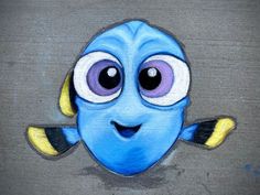 a painting of a blue fish with big eyes