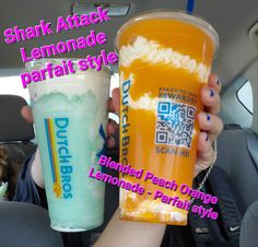 1) blended shark attack lemonade with strawberry Boba - parfait style... face squeeze sour! 2) blended orange peach rebel - parfait style... tastes like an amazing popsicle! Dutch Bros Refreshing Drinks, Dutch Bros Lemonade, Lemonade Dutch Bros, Dutch Bros Drinks Recommendations, Strawberry Boba