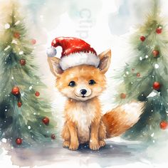 a watercolor painting of a fox wearing a santa hat and sitting in front of christmas trees