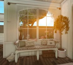 a living room filled with lots of furniture next to a large window and potted plant