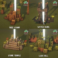 the different levels of trees and plants in minecraft are shown with text that reads tree stump, water ruins, stone temple, lush hill