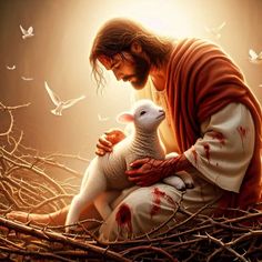 jesus holding a lamb while sitting in a nest