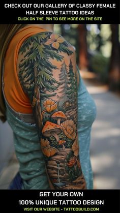 the back of a woman's arm with an image of trees and flowers on it