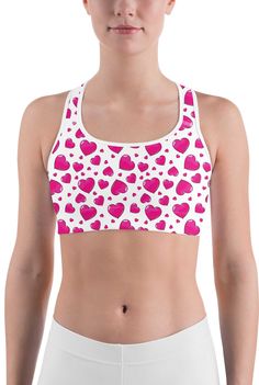 This gorgeous bright pink and white heart design  sports bra is made from moisture-wicking material that stays dry during low and medium intensity workouts. The Gearbunch Pink Heart Shaped Balloons Sports Bra has support material in the shoulder straps, double layer front, and a wide elastic band to ensure constant support. Be Happy, Be Bright, Be You with Gearbunch. Heart Shaped Balloons, Grandma Crafts, White Sports Bra, Legging Outfits, Gifts Baby, Pink Sports Bra, Bright Designs, Sport Bh, Black Sports Bra