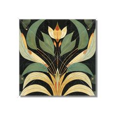 an art deco tile with flowers and leaves on black, yellow and green colors in the center