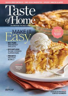 the cover of taste of home magazine with a slice of pie and ice cream on top