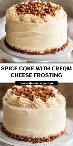 two pictures of a cake with cream cheese frosting and pecans sprinkled on top