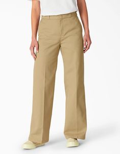 Women's Wide Leg Work Pants - Dickies US, Stonewashed Khaki 12 Dickies Pants Outfits Women, Wide Leg Work Pants, Colored Pants Outfits, Work Pants Women, Dickies Women, Tan Pants, Womens Khakis, Dickies Pants, Leg Work