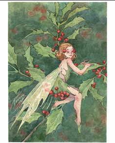 a watercolor painting of a fairy with holly leaves and berries on her body, holding onto a leafy branch