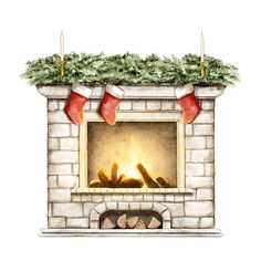 a watercolor drawing of a fireplace with stockings on it