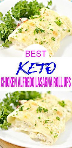 homemade low carb Chicken Alfredo Lasagna roll ups on white plate with parsley on side Chicken Alfredo Lasagna Rolls, Chicken Alfredo Lasagna Roll Ups, Alfredo Lasagna Rolls, Low Carb Chicken Alfredo, Alfredo Lasagna Roll Ups, Easy Lasagna Casserole, Keto Chicken Alfredo, Low Carb Pasta Recipes, Chicken Lasagna Rolls