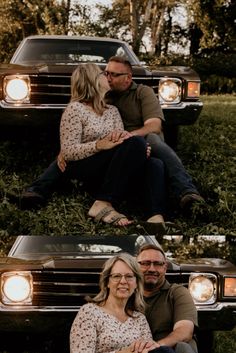 a man and woman sitting on the hood of a car with their arms around each other