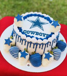 a birthday cake decorated with blue and white icing on a red table cloth in the grass