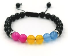 Pansexual Pride Bracelet! A handcrafted bracelet made with colorful Jade stones, stainless steel rings and Black Onyx stones, in a black cord. This bracelet is the perfect pansexual jewelry gift. Love is Love! Share it with LGBTQ+ - Jade stones 8mm - Black Onyx stones 8mm - Stainless Steel beads 8mm - Comes in a cute little organza bag! - If you prefer a gift box, ready for gift giving, please browse here: https://www.etsy.com/listing/248159830/cute-gift-box?ref=shop_home_active_67 - Browse my s Pansexual Flag Aesthetic, Pan Pride Earrings, Pansexual Pride Outfit, Pansexual Clag Blanket, Pansexual Bracelet, Pansexual Jewelry, Pansexual Shirt, Make Clay Beads, Pansexual Flag