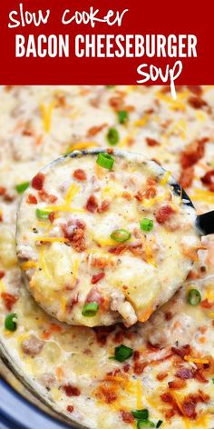 slow cooker bacon cheeseburger soup in a blue bowl with a ladle