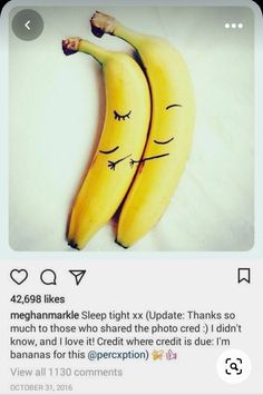 two bananas with faces drawn on them laying next to each other in front of a white background