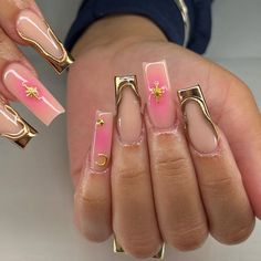 Airbrush Nails, Bling Acrylic Nails, Pink Acrylic Nails, Square Acrylic Nails