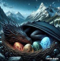 an image of a dragon nest with eggs in the mountain scene by cape drago