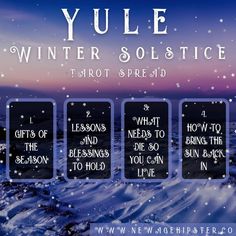 an advertisement for winter solstice with snow falling on the ground and four signs