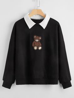 Collar Sweatshirt, Bear Embroidery, Stylish Hoodies, Kawaii Fashion Outfits, Collared Sweatshirt, Korean Fashion Dress, Fashionista Clothes, Contrast Collar, Bellini