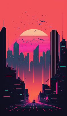 the sun is setting over a city with tall buildings and birds flying in the sky