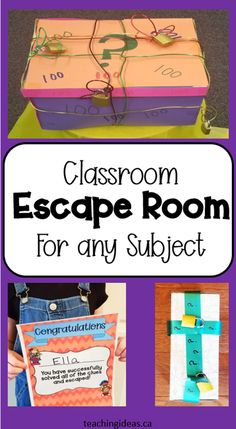 classroom escape room for any subject with pictures and text overlay that reads, classroom escape room for any subject