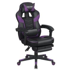 a black and purple office chair with wheels