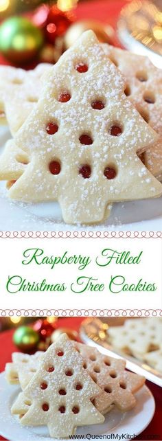 raspberry filled christmas tree cookies on a plate