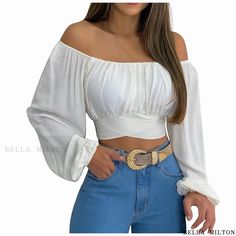 Off-Shoulder Cross Strap Long Sleeve Blouse Feminine Style Casual, Tie Back Crop Top, Boho Shirts, Summer Crop Tops, Crop Top Outfits, Country Outfits, Lantern Sleeve, Girly Outfits, White Fashion