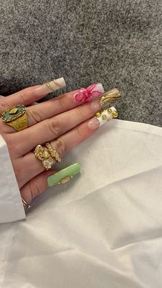 Green Gyaru Nails, Fire Nails, Best Acrylic Nails, Cute Acrylic Nails, Stylish Nails, Press On Nails, Summer Nails