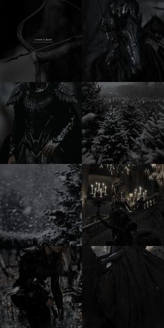 the dark knight is standing in front of a snowy tree and looking at his surroundings