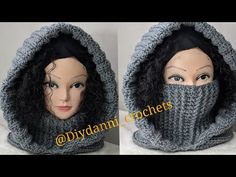 two pictures of a mannequin wearing a knitted hood