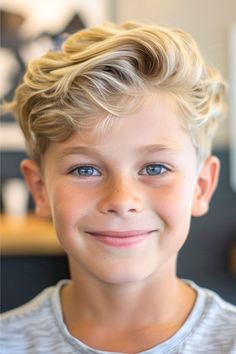 Short Waves With Side Part Haircut on smiling boy with blonde hair. Haircuts For School, Mens Haircuts Quiff, Wavy Haircut, Military Hair, Boys Hairstyles, Cool Boys Haircuts, Boy Haircut, Short Curly Hairstyles