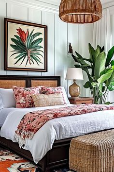 a large bed sitting next to a tall plant in a bedroom under a painting on the wall