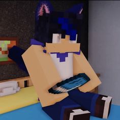 a minecraft character sitting on a bed in a room